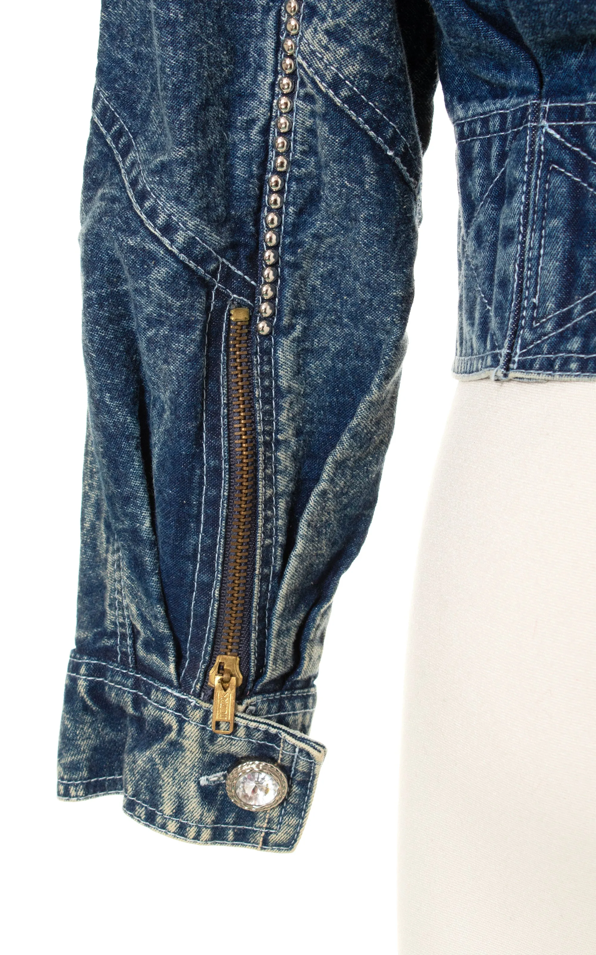 1980s Floral Embroidered Rhinestone Cropped Denim Jacket | medium/large