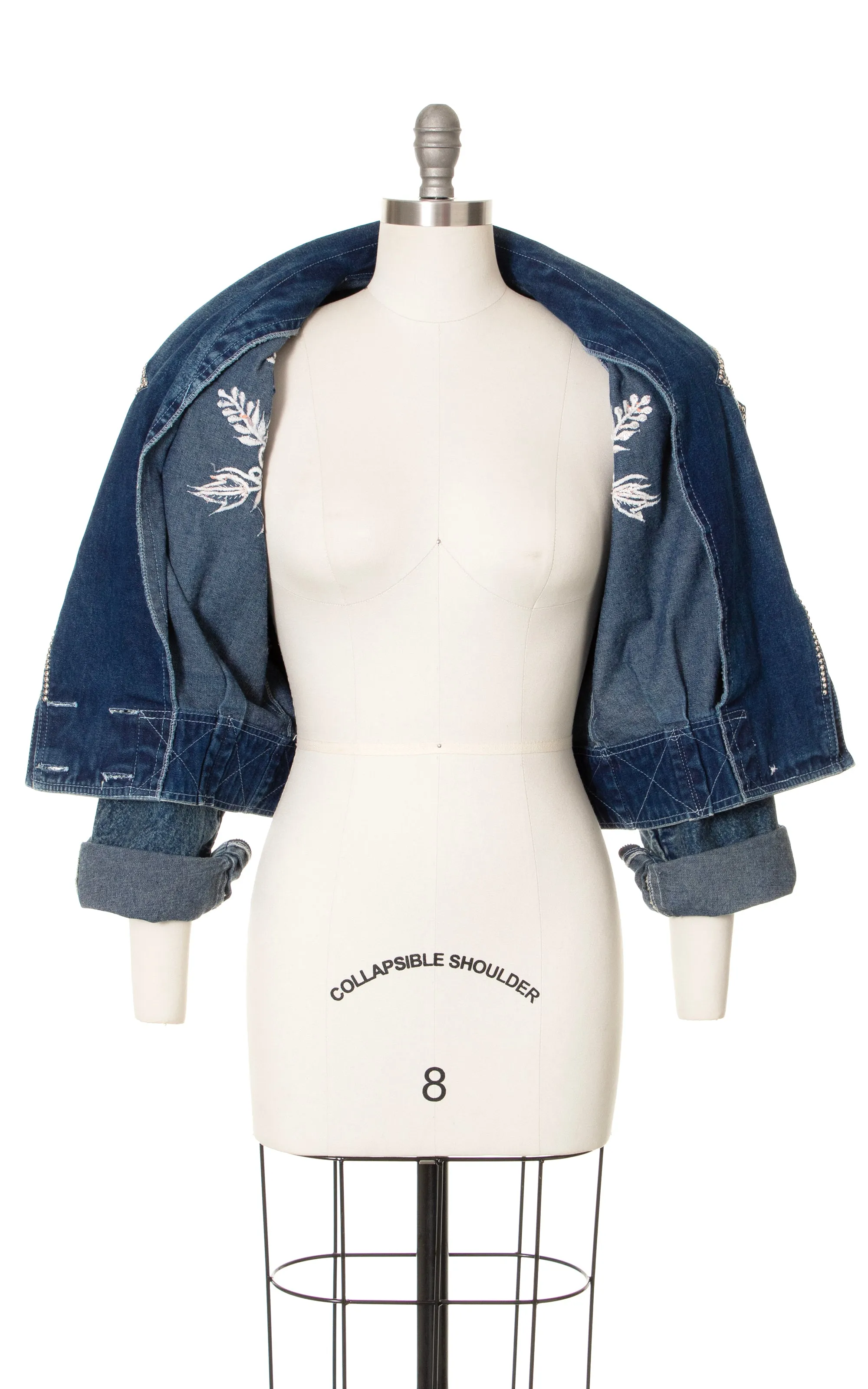 1980s Floral Embroidered Rhinestone Cropped Denim Jacket | medium/large