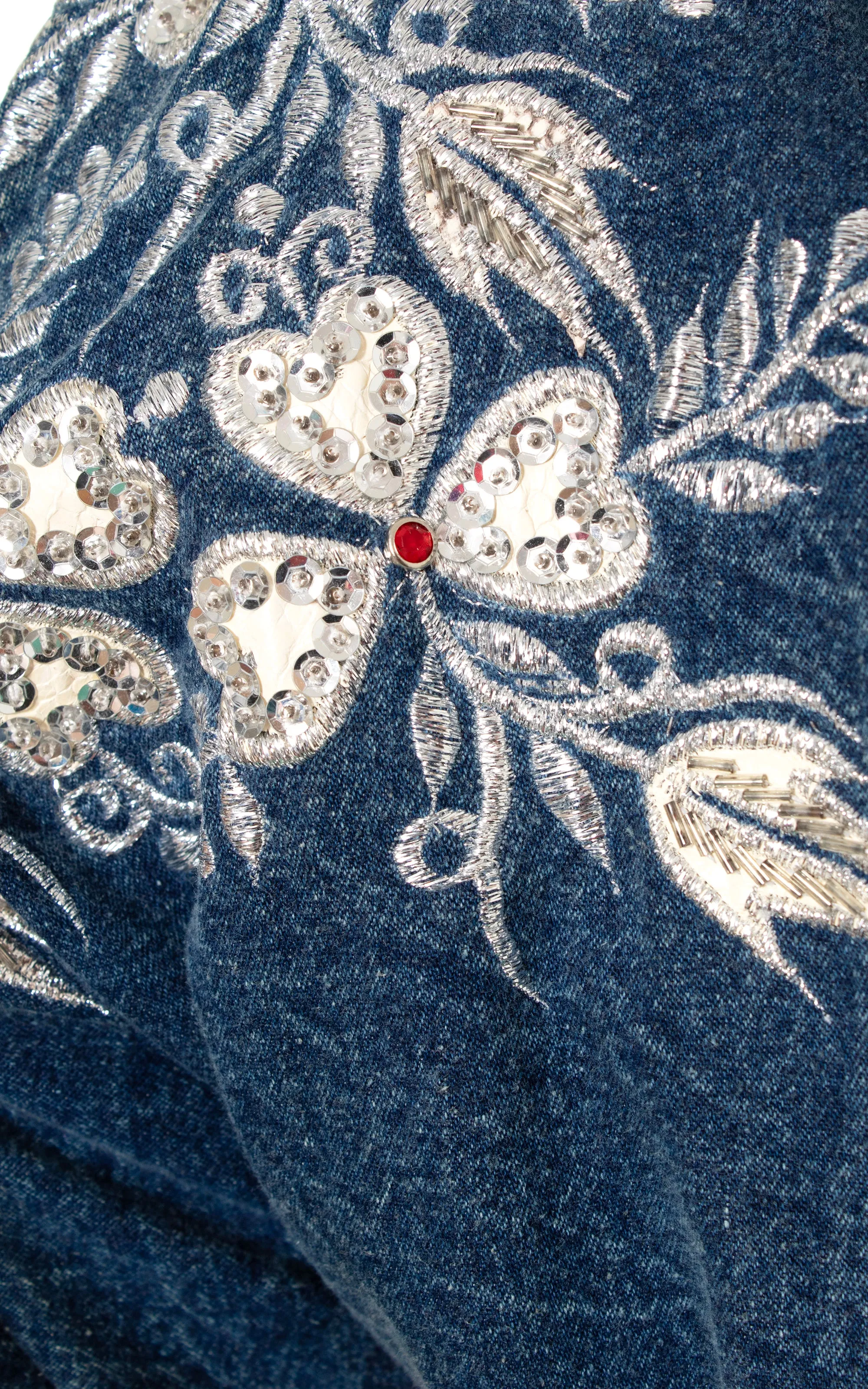 1980s Floral Embroidered Rhinestone Cropped Denim Jacket | medium/large