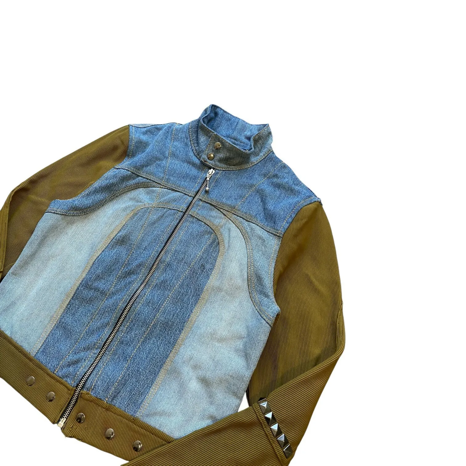 Blue Lightwash Denim Ribknit Hybrid Moto Jacket (Women's Medium)