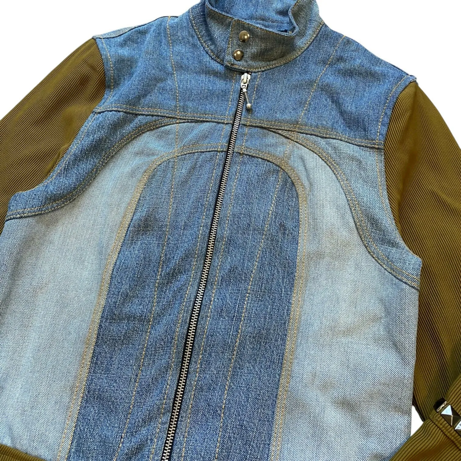 Blue Lightwash Denim Ribknit Hybrid Moto Jacket (Women's Medium)