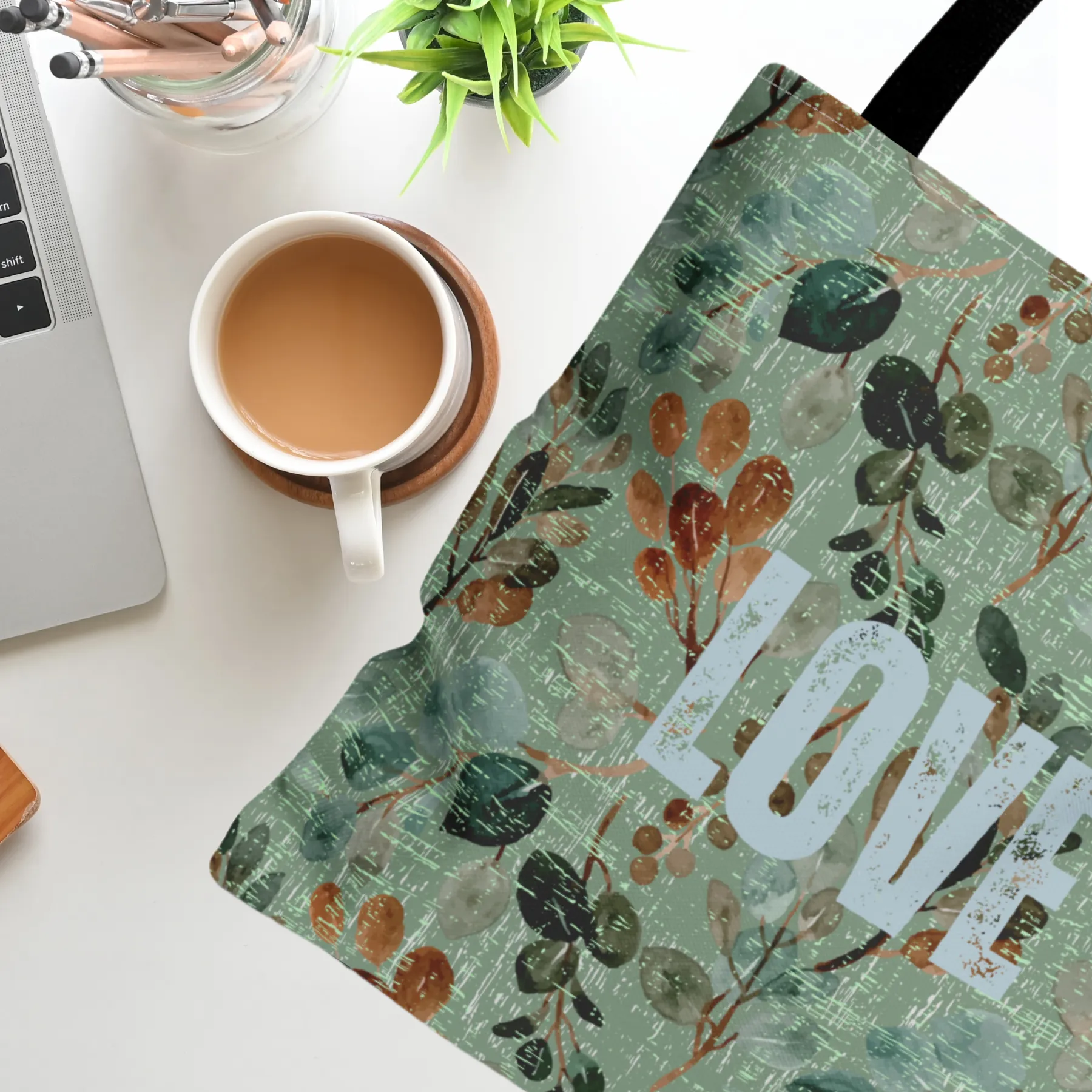 Botanical Love: Women's Small Tote Bag with Green Floral Background
