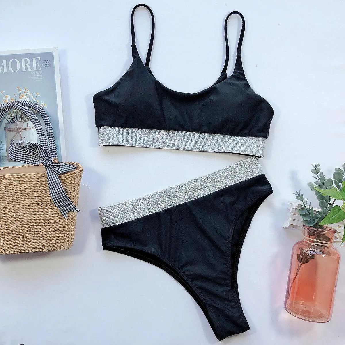 Contrast Mesh High Waisted Bikini Swimsuit
