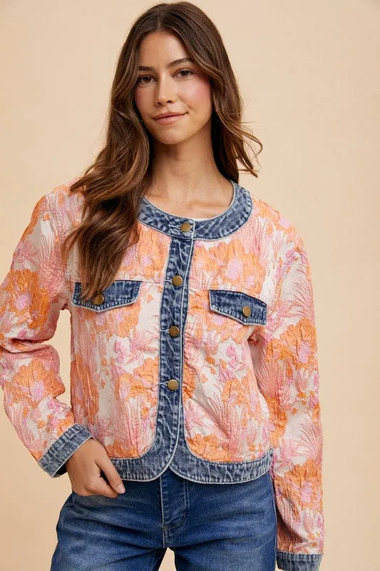 Floral Jacquard Denim Contrast Button-Down Jacket In Pink