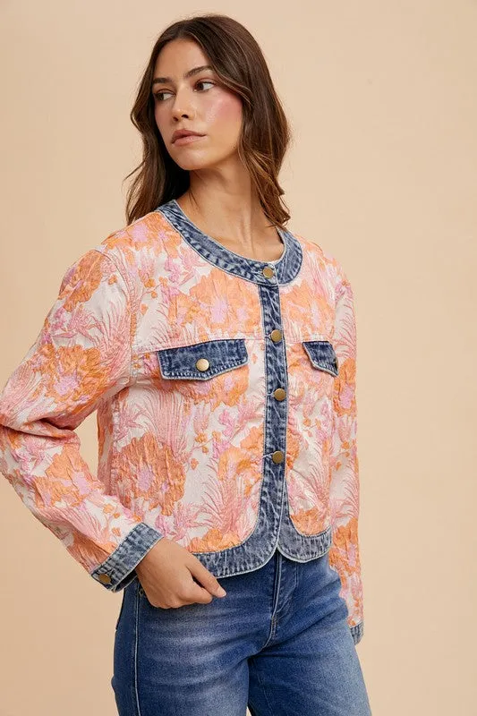 Floral Jacquard Denim Contrast Button-Down Jacket In Pink