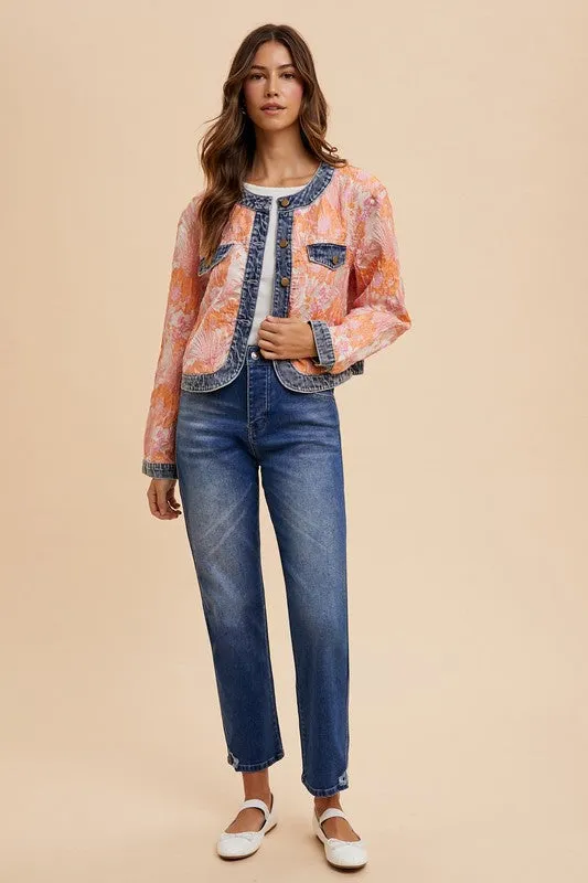 Floral Jacquard Denim Contrast Button-Down Jacket In Pink