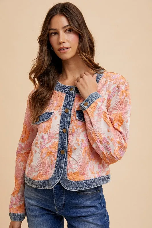 Floral Jacquard Denim Contrast Button-Down Jacket In Pink