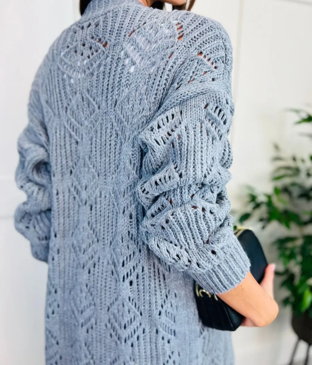 Grey Crochet Knit Longline Cardigan