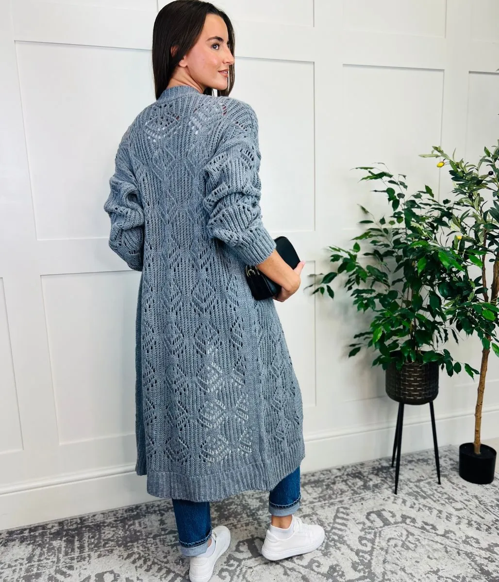 Grey Crochet Knit Longline Cardigan