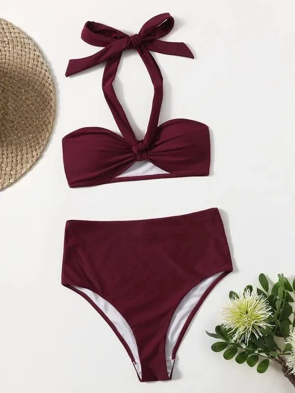 Knot Detail High Waisted Bikini Swimsuit