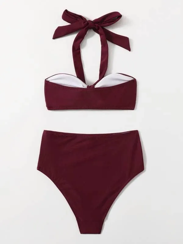 Knot Detail High Waisted Bikini Swimsuit