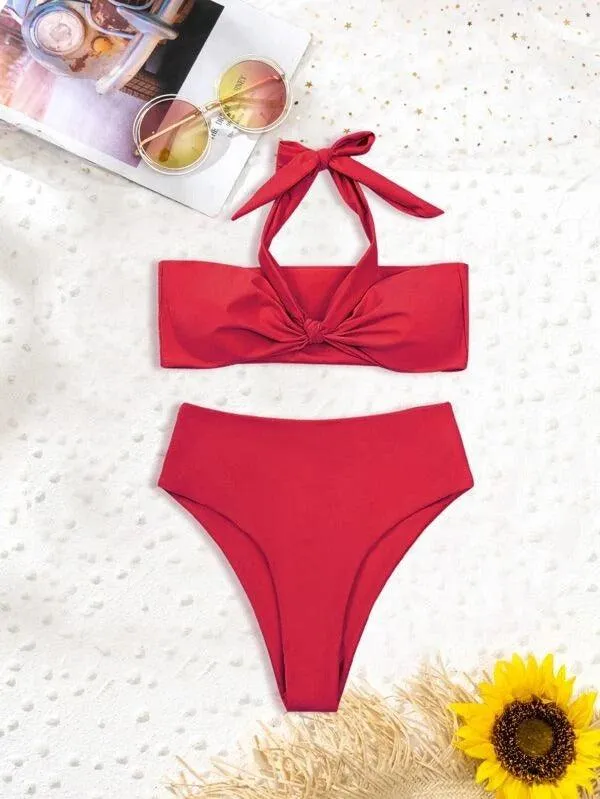 Knot Detail High Waisted Bikini Swimsuit