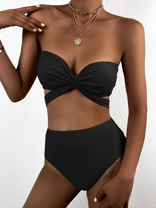 Knot Detail High Waisted Bikini Swimsuit