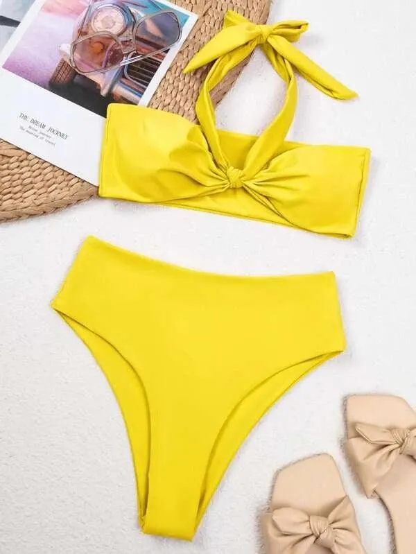 Knot Detail High Waisted Bikini Swimsuit