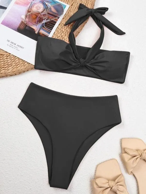 Knot Detail High Waisted Bikini Swimsuit