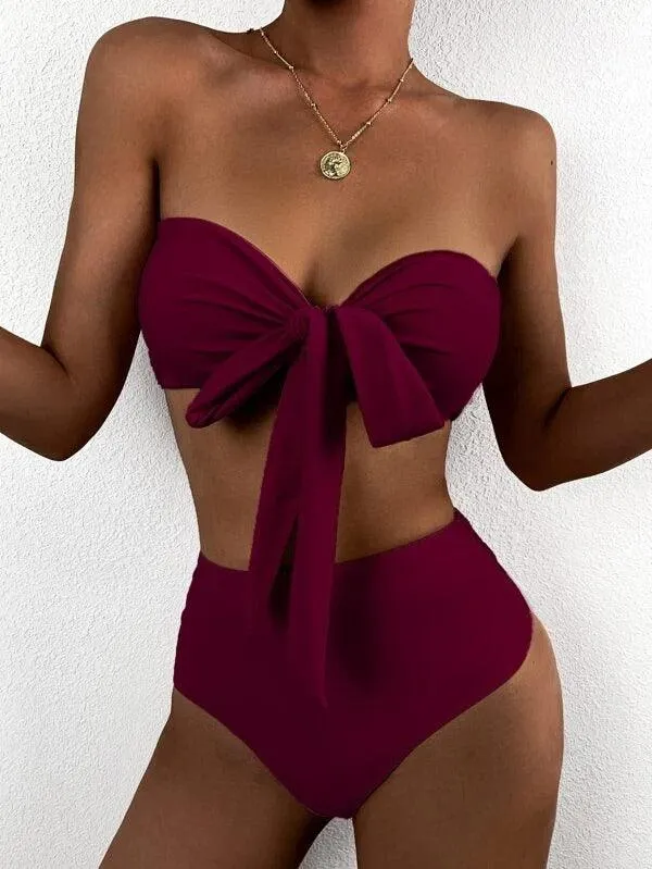 Knot Detail High Waisted Bikini Swimsuit