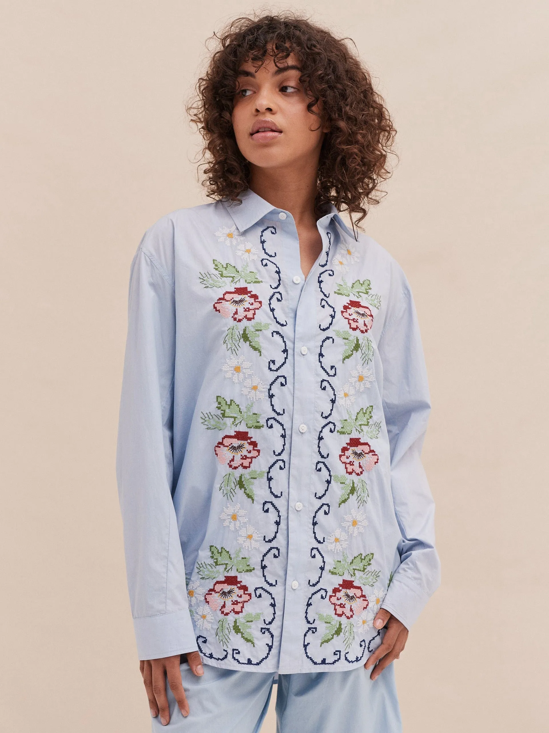 Lounge trio set in Dorothea print in light blue