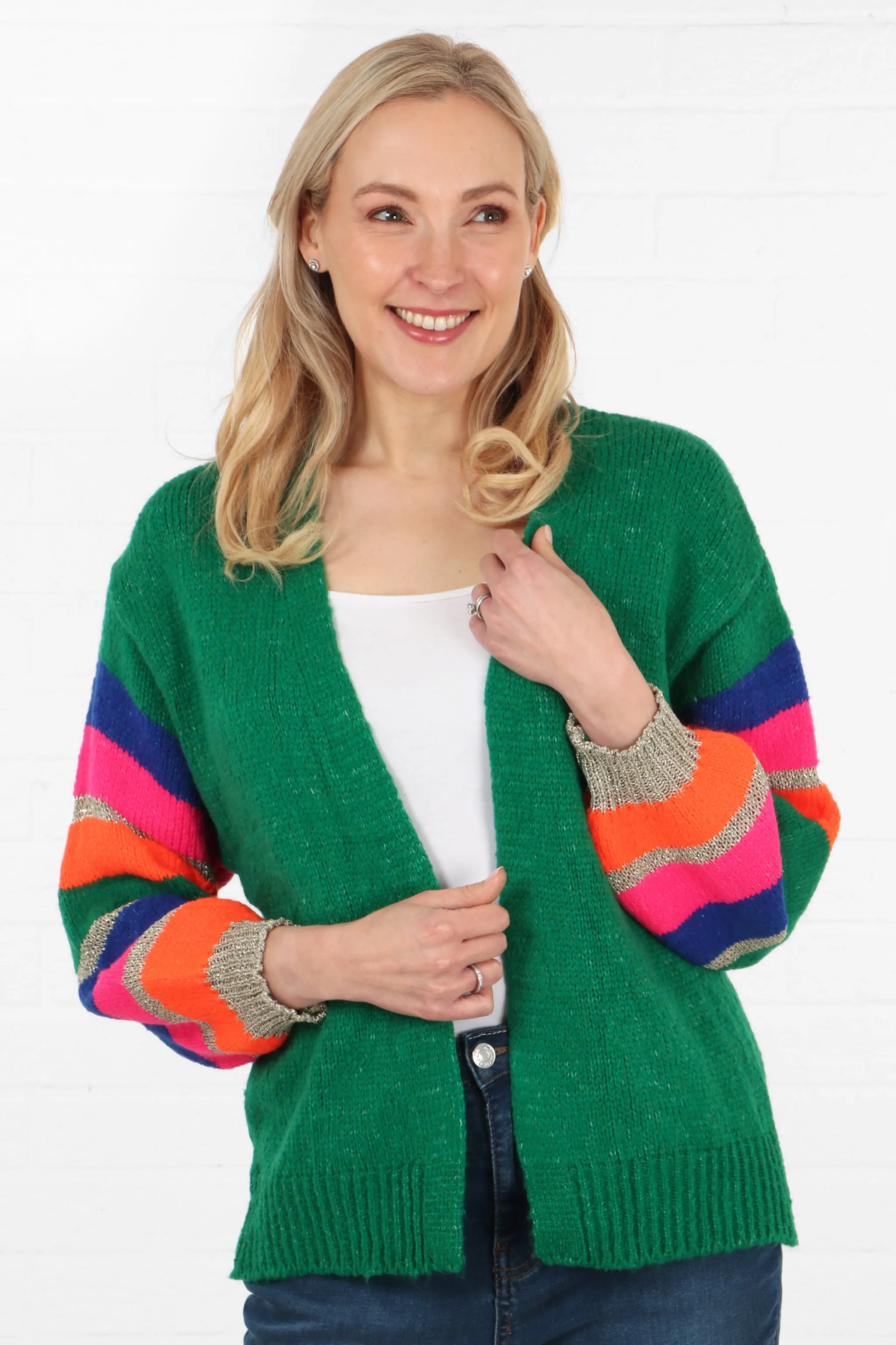 Open Front Wool Blend Balloon Sleeve Cardigan Green Orange Blue