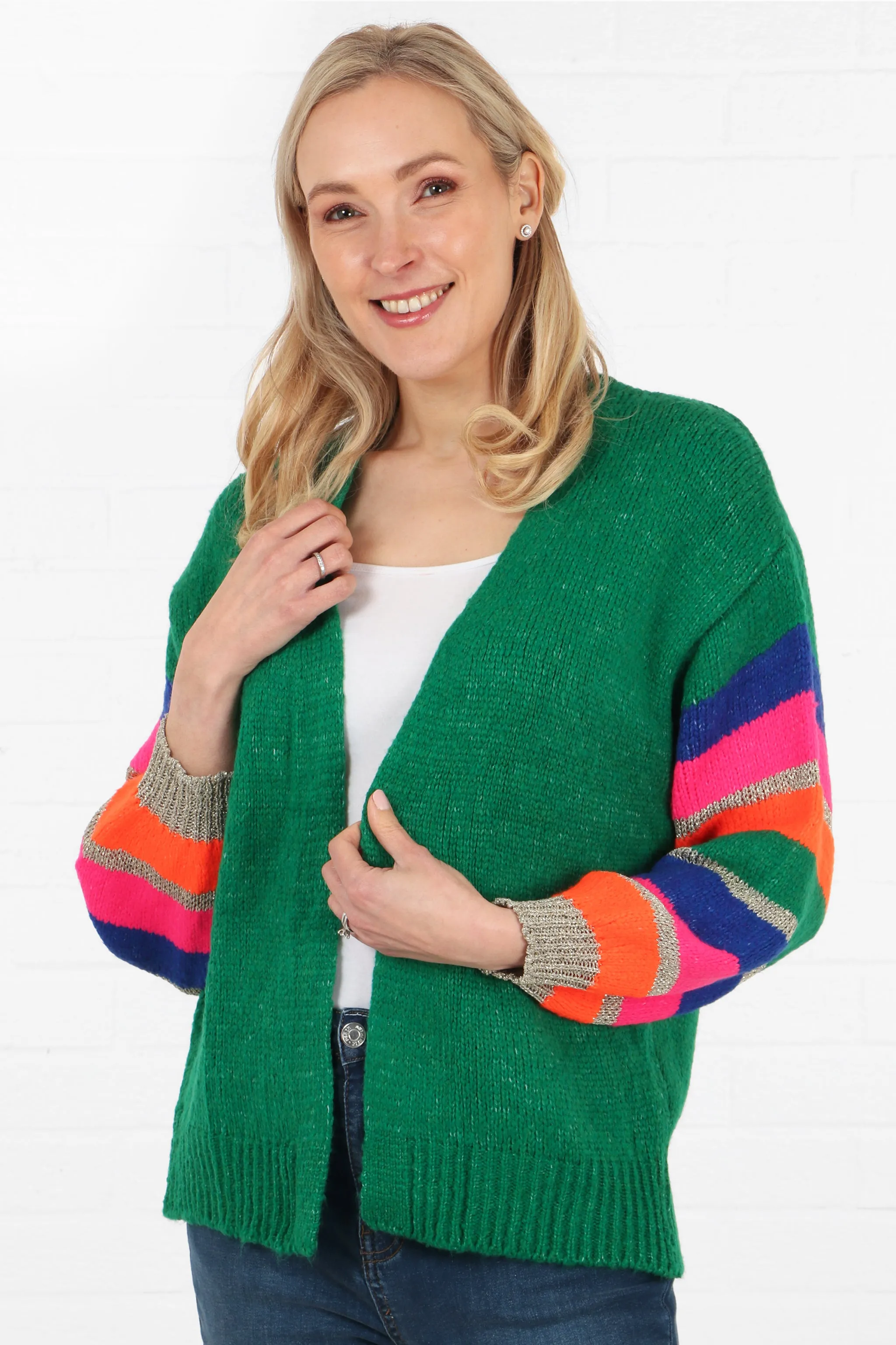Open Front Wool Blend Balloon Sleeve Cardigan Green Orange Blue