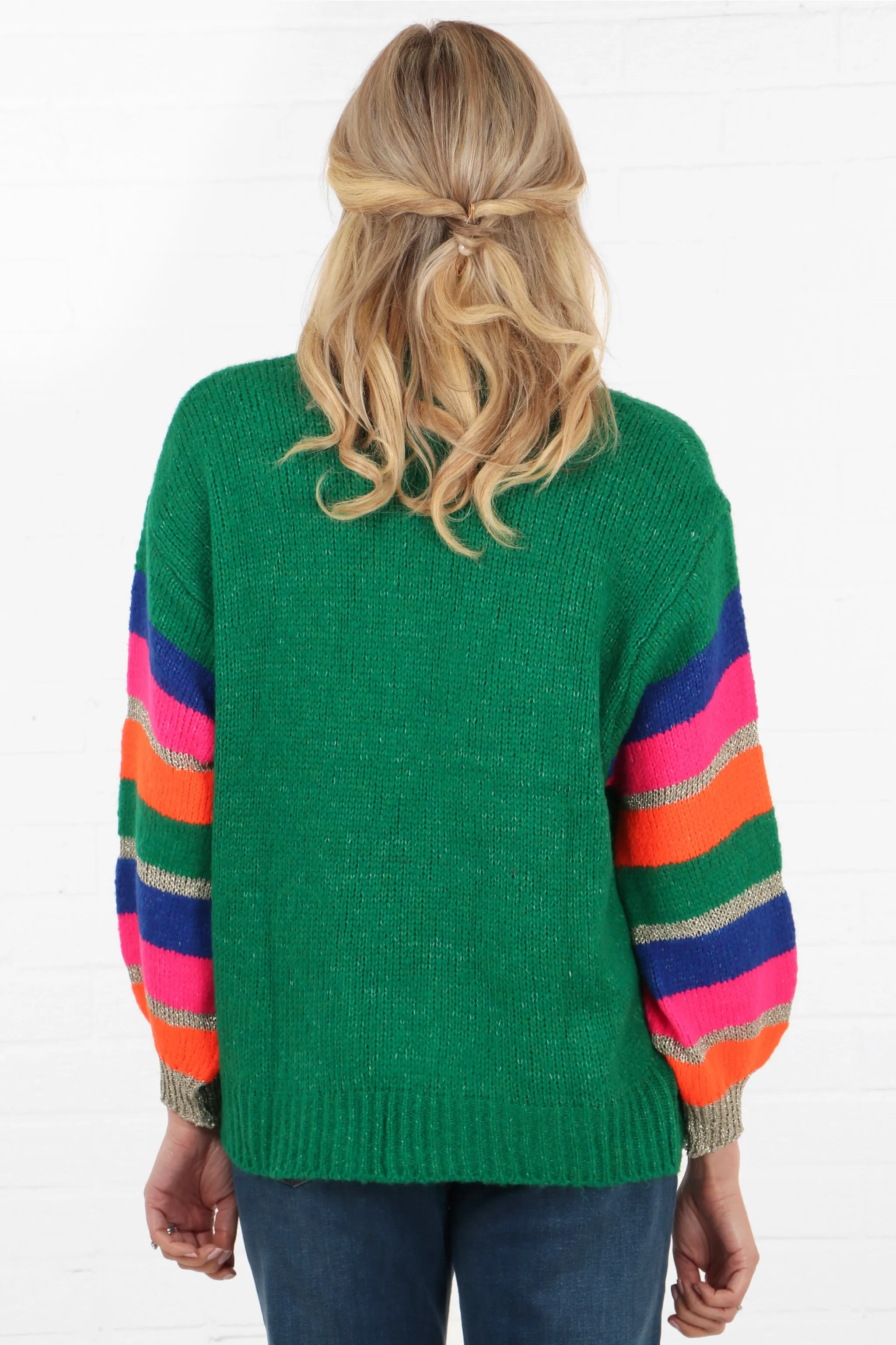 Open Front Wool Blend Balloon Sleeve Cardigan Green Orange Blue