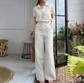Women Summer Wide Leg Pants Short Sleeve Lounge Sets    000993007